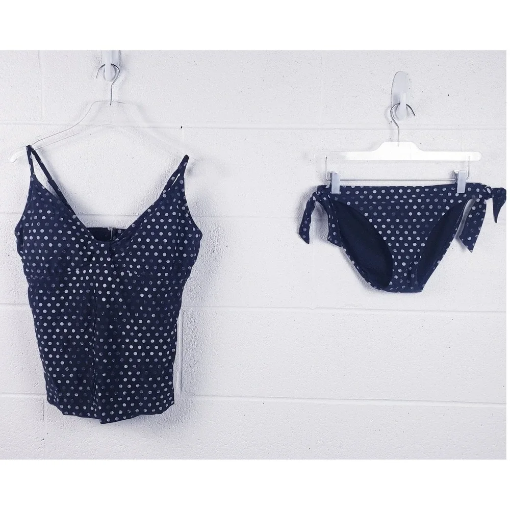Athleta‎ Tankini Swimsuit Black Polka Dot Side Tie Bikini Bottom 2pc Set Medium